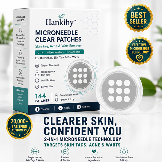 Hankihy® 2-in-1 Microneedle & Hydrocolloid Clear Patches  Targets Skin Tags, Flat Warts & Blemishes | Invisible Patch Technology for Face & Body